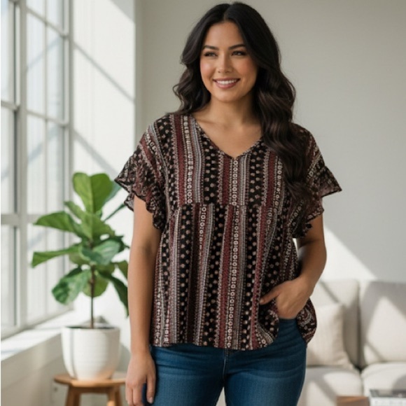 Emory Rose Tops - Black and White Ruffled Short Sleeve Blouse